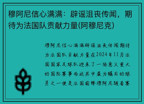 穆阿尼信心满满：辟谣沮丧传闻，期待为法国队贡献力量(阿穆尼克)